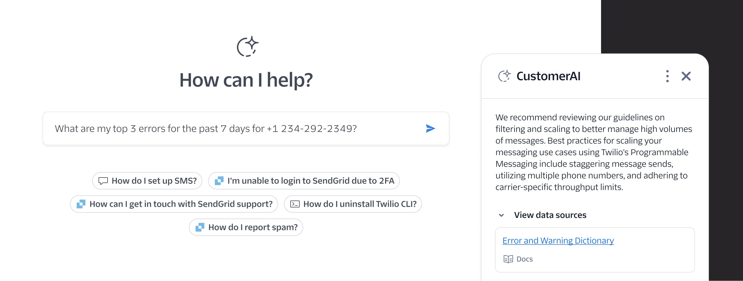 Screenshots of Twilio Help Center and intelligent discovery AI
